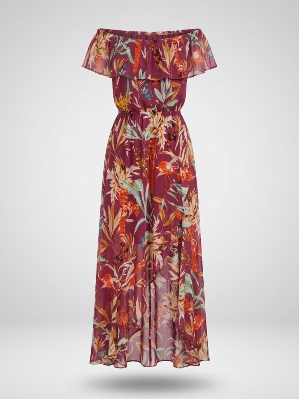 Dark Rose Pink Tropical Print Off-shoulder Ruffled Neckline Maxi Dress, Express